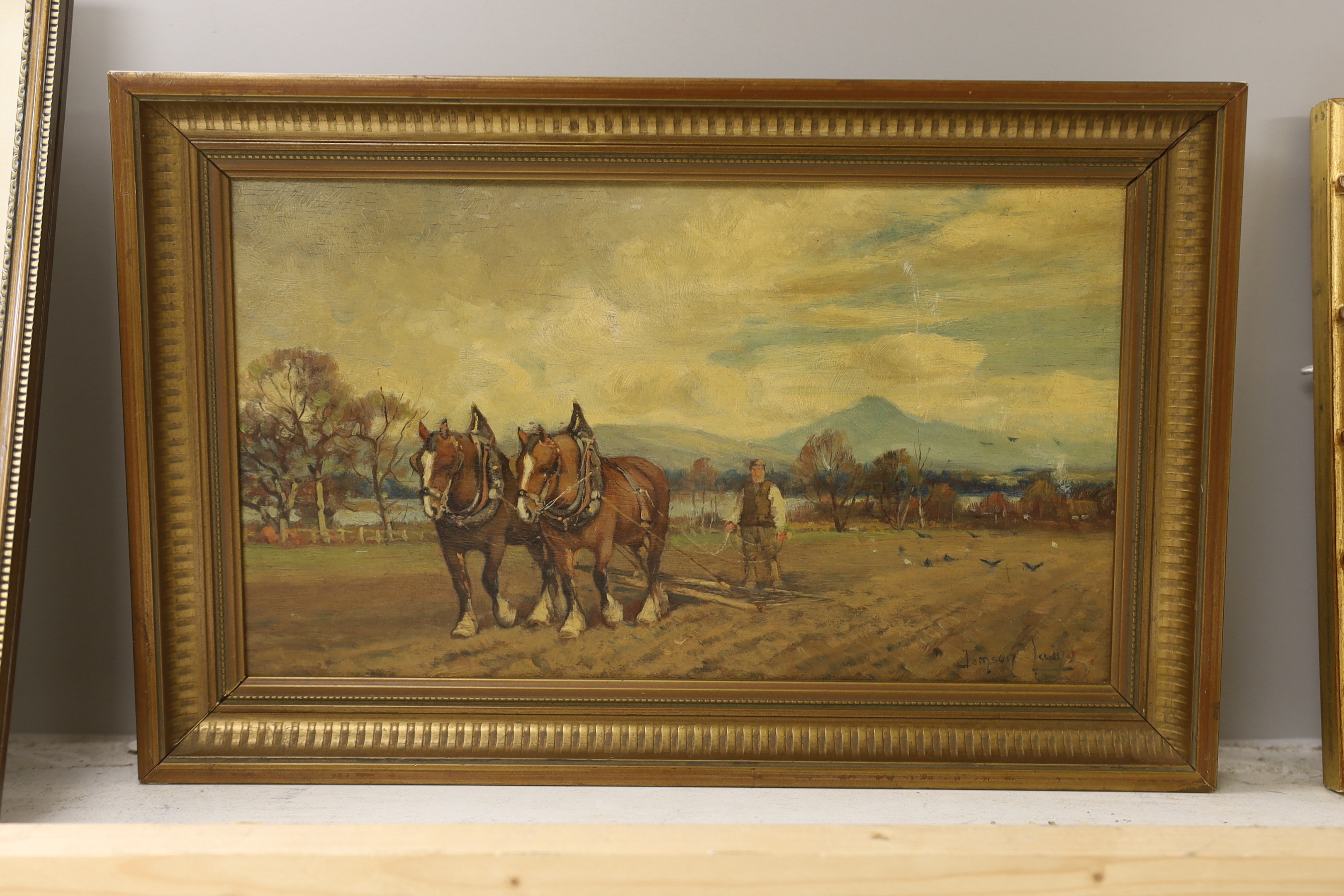 Tomson Laing (fl. 1890-1904), oil on board, Work horses and figure ploughing, signed, 19 x 34cm